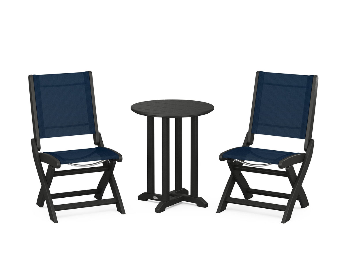 POLYWOOD Coastal Folding Side Chair 3-Piece Round Bistro Dining Set in Black / Navy Blue