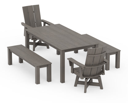 POLYWOOD Modern Curveback Adirondack 5-Piece Parsons Swivel Dining Set with Benches in Driftwood