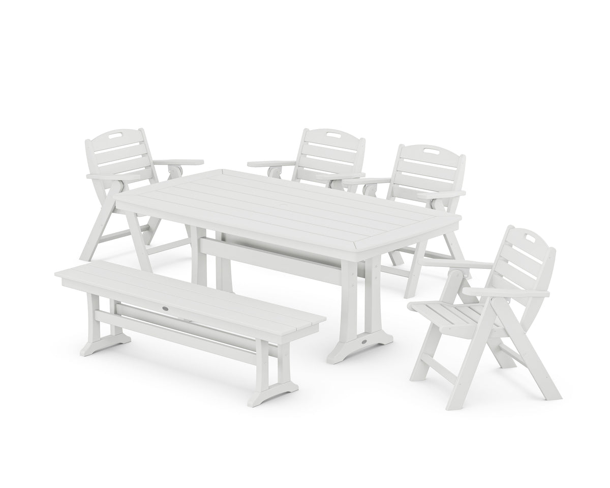 POLYWOOD Nautical Lowback 6-Piece Dining Set with Trestle Legs and Bench in White