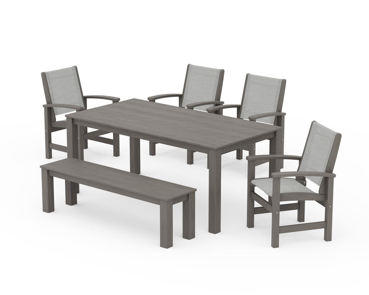 POLYWOOD Coastal 6-Piece Parsons Dining Set with Bench in Driftwood / Metallic