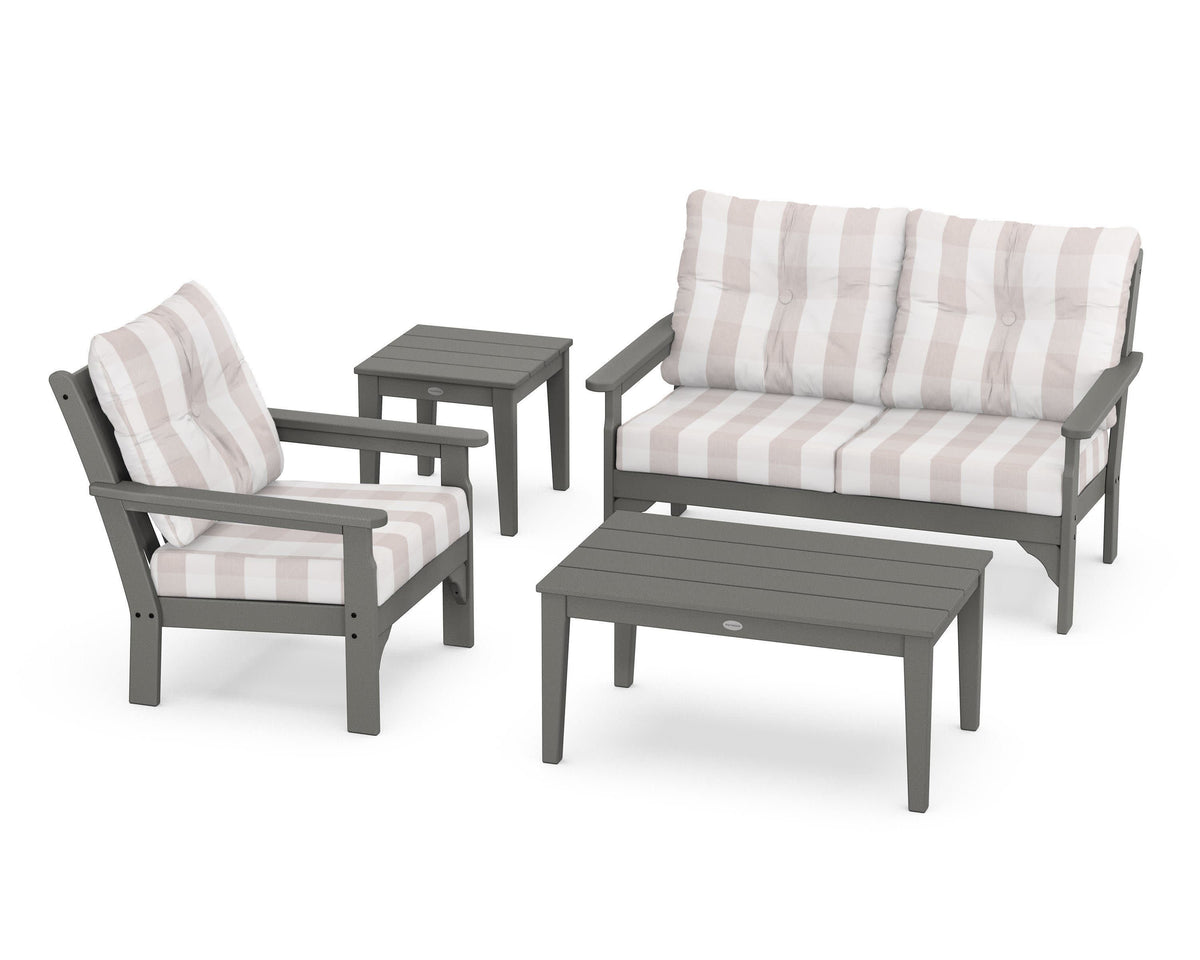 POLYWOOD Vineyard 4-Piece Deep Seating Set with 36" Coffee Table in Slate Grey / Buffalo Plaid Dune Burlap