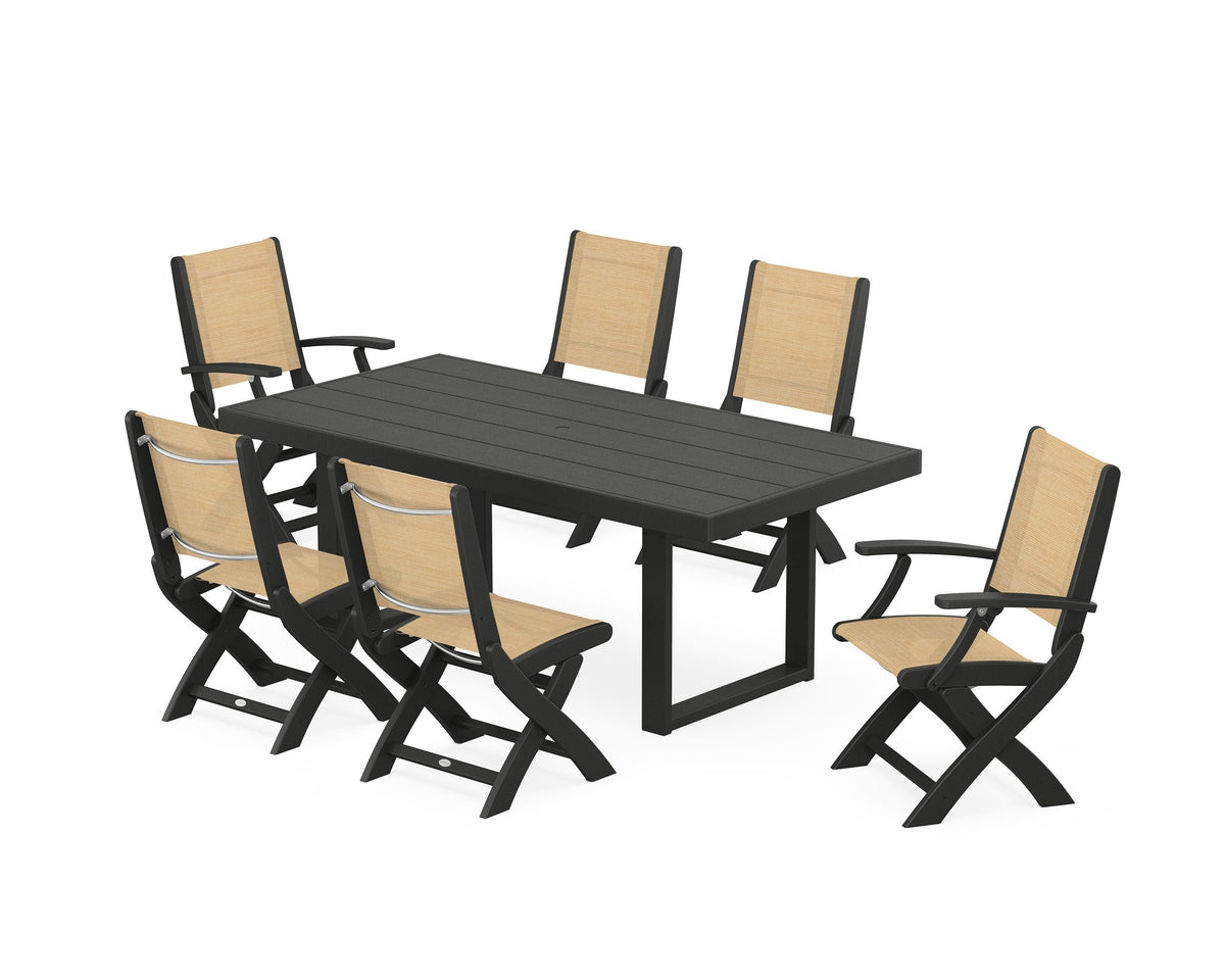 POLYWOOD Coastal Folding Chair 7-Piece Dining Set with Trestle Legs with EDGE 40" x 78" Dining Table in Black / Dupioni Apricot
