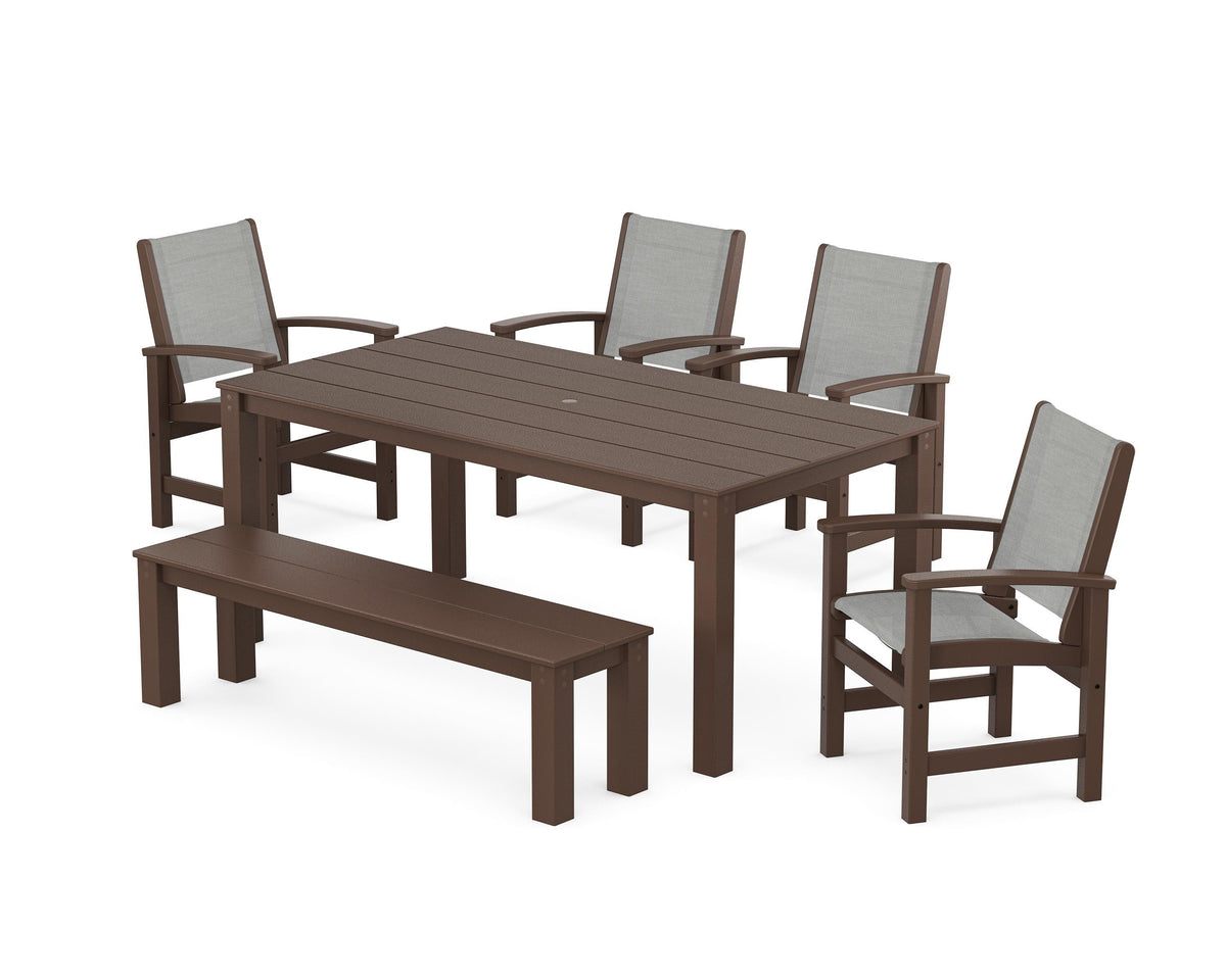 POLYWOOD Coastal 6-Piece Parsons Dining Set with Bench in Mahogany / Metallic