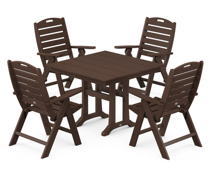 POLYWOOD Nautical Folding Highback Chair 5-Piece Farmhouse Trestle Dining Set in Mahogany