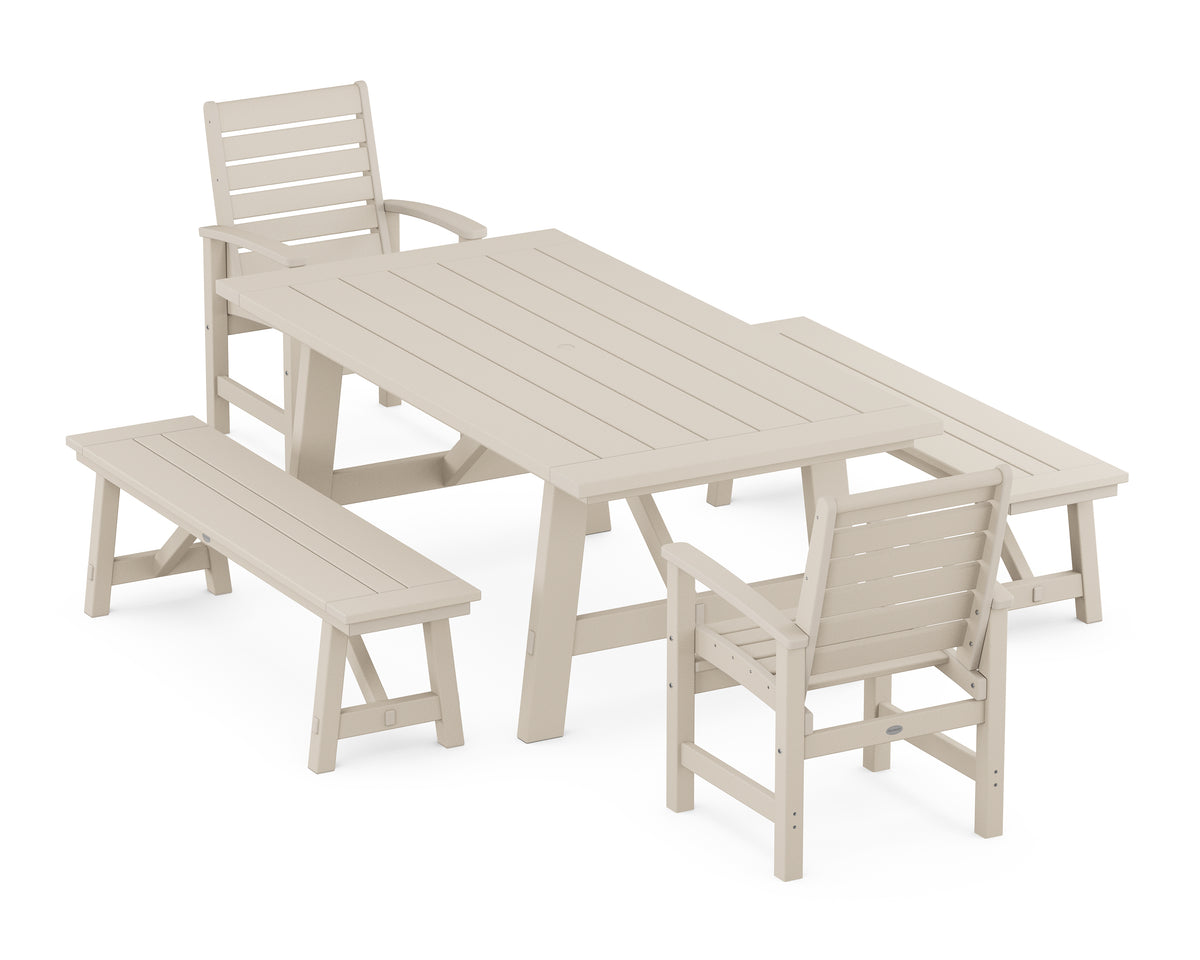 POLYWOOD Signature 5-Piece Rustic Farmhouse Dining Set with Benches in Sand