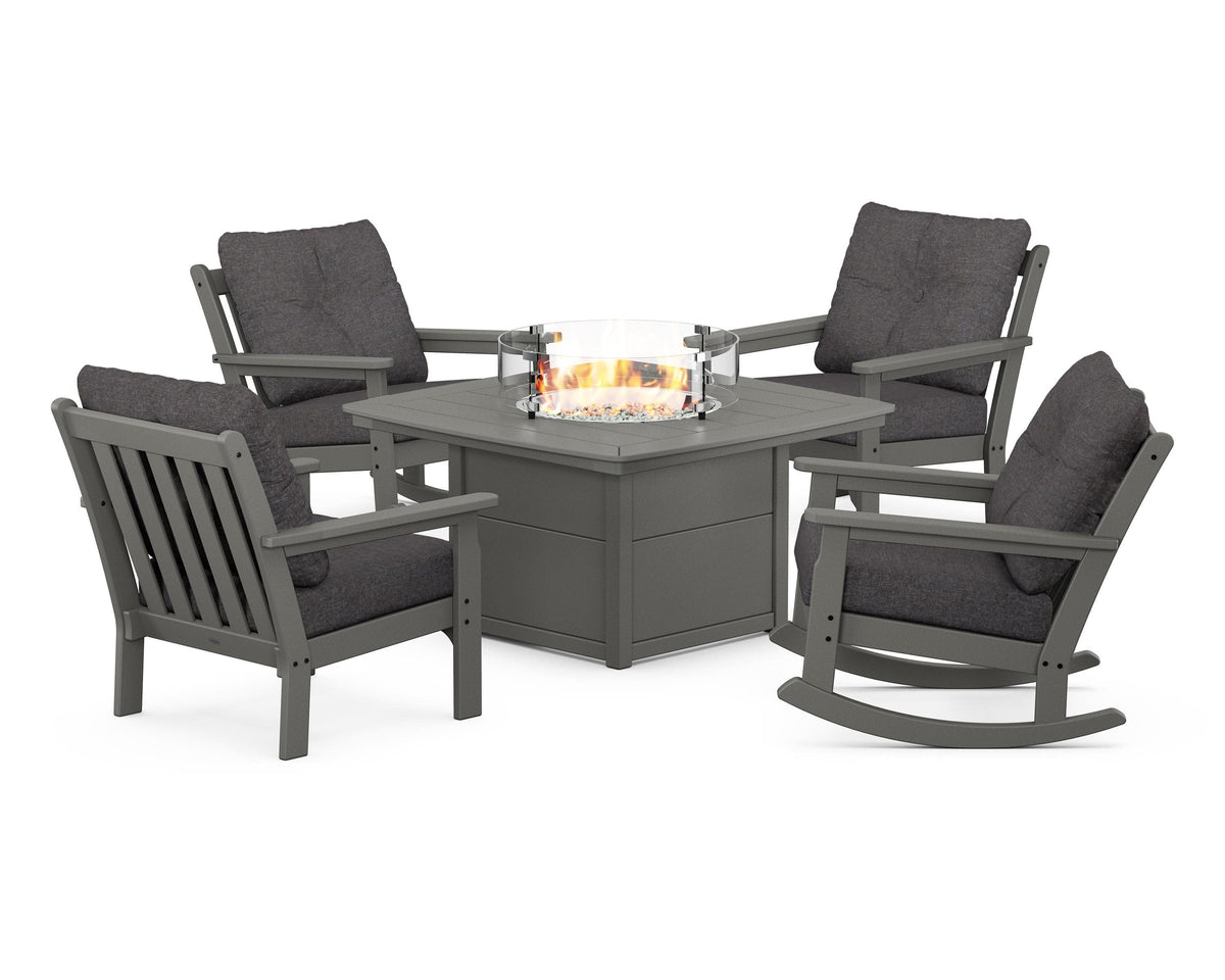 POLYWOOD Vineyard 5-Piece Deep Seating Rocking Chair Conversation Set with Fire Pit Table in Slate Grey / Ash Charcoal