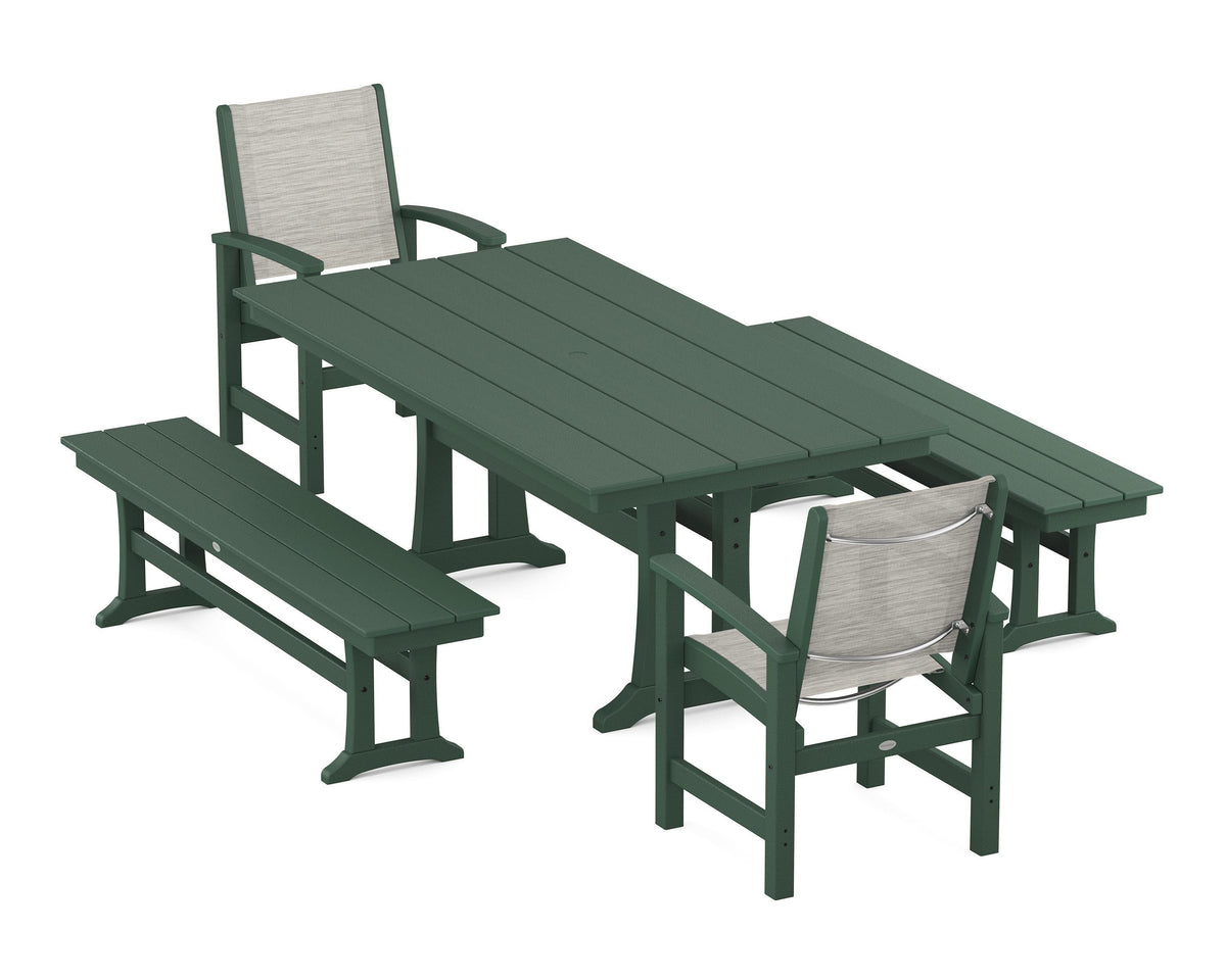 POLYWOOD Coastal 5-Piece Farmhouse Dining Set with Trestle Legs and Benches in Green / Birch