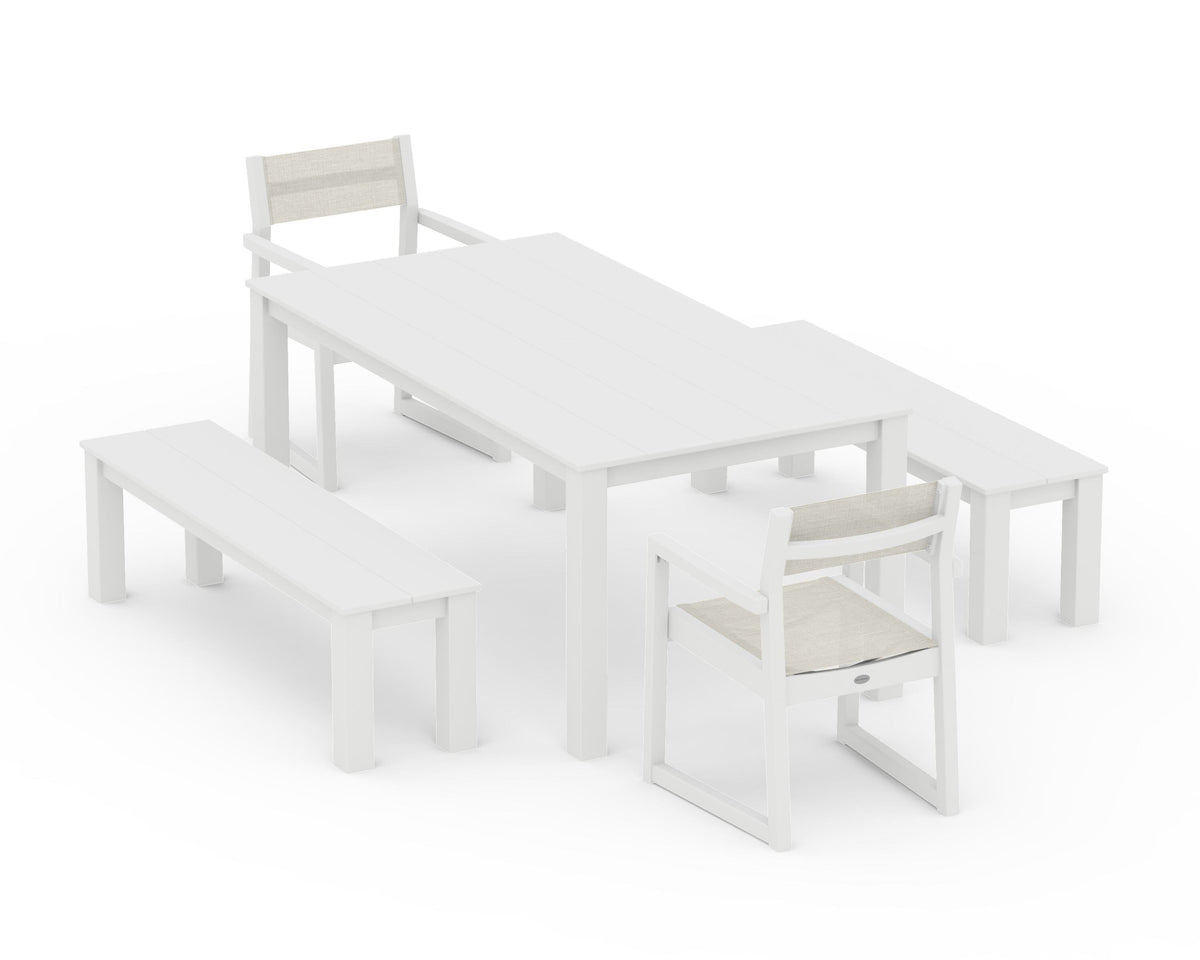 POLYWOOD EDGE Sling Arm Chair 5-Piece Parsons Dining Set with Benches in White / Parchment