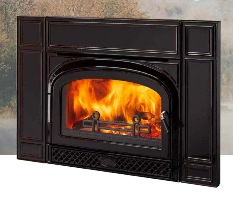 Vermont Castings Montpelier II insert with Mead II cast surround in Majolica Brown enamel