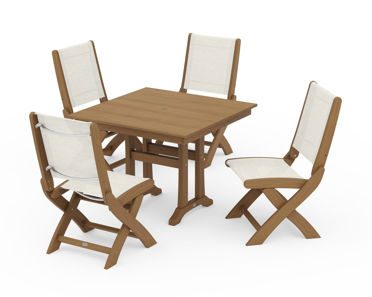 POLYWOOD Coastal Folding Side Chair 5-Piece Farmhouse Dining Set With Trestle Legs in Natural / Parchment