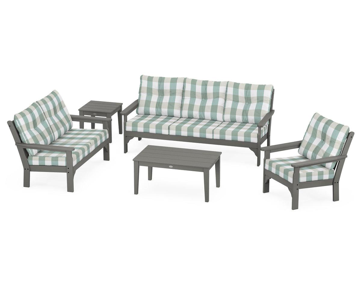 POLYWOOD Vineyard 5-Piece Deep Seating Set with Sofa in Slate Grey / Buffalo Plaid Glacier Spa