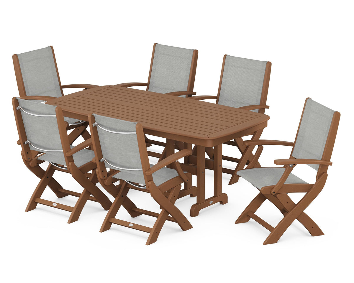 POLYWOOD Coastal Folding Arm Chair 7-Piece Dining Set in Teak / Metallic