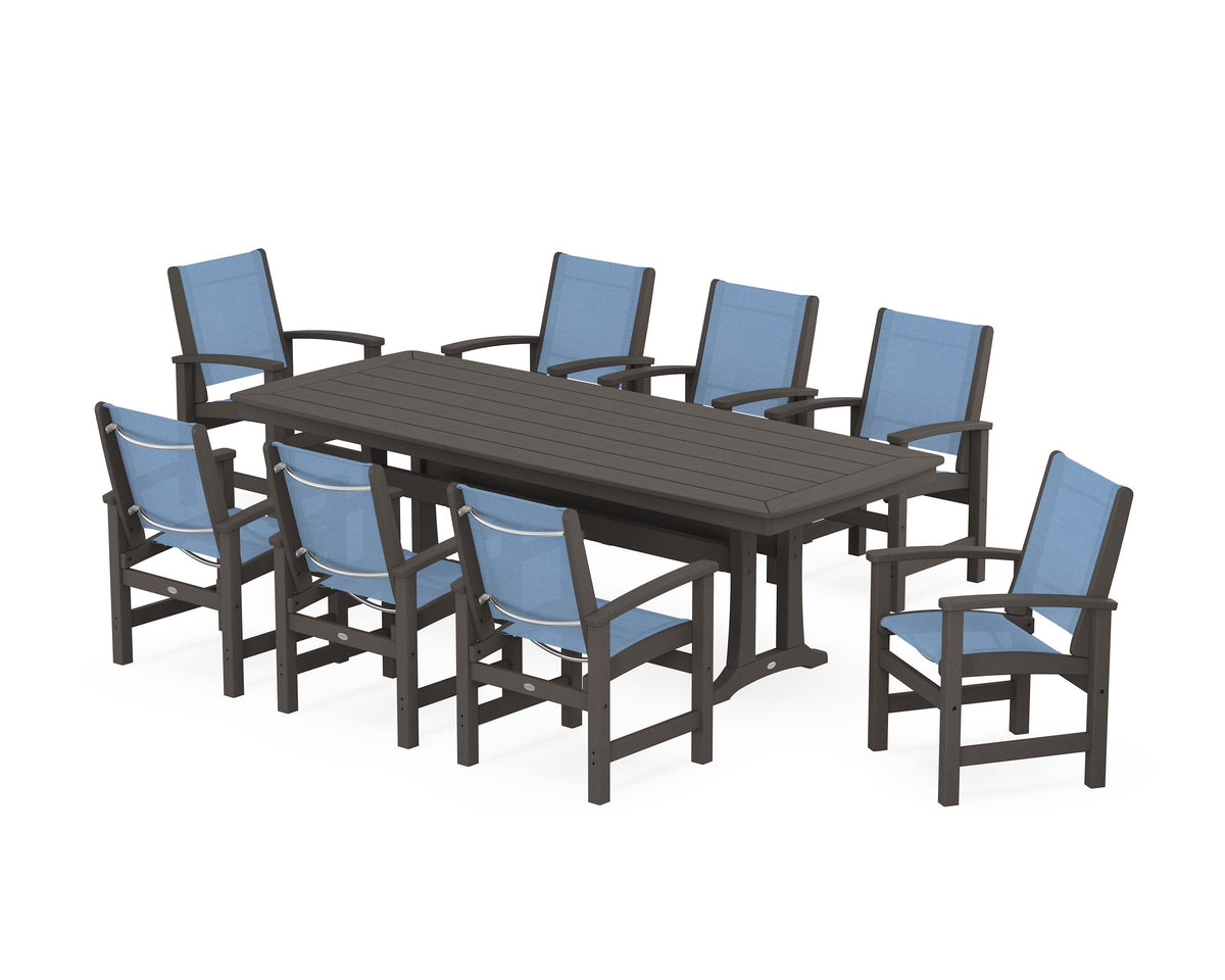 POLYWOOD Coastal 9-Piece Dining Set with Trestle Legs in Vintage Coffee / Poolside