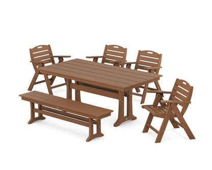 POLYWOOD Nautical Lowback 6-Piece Farmhouse Dining Set with Trestle Legs and Bench in Teak