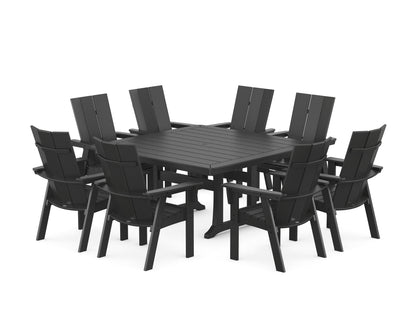 POLYWOOD Modern Curveback Adirondack 9-Piece Square Dining Set with Trestle Legs in Black