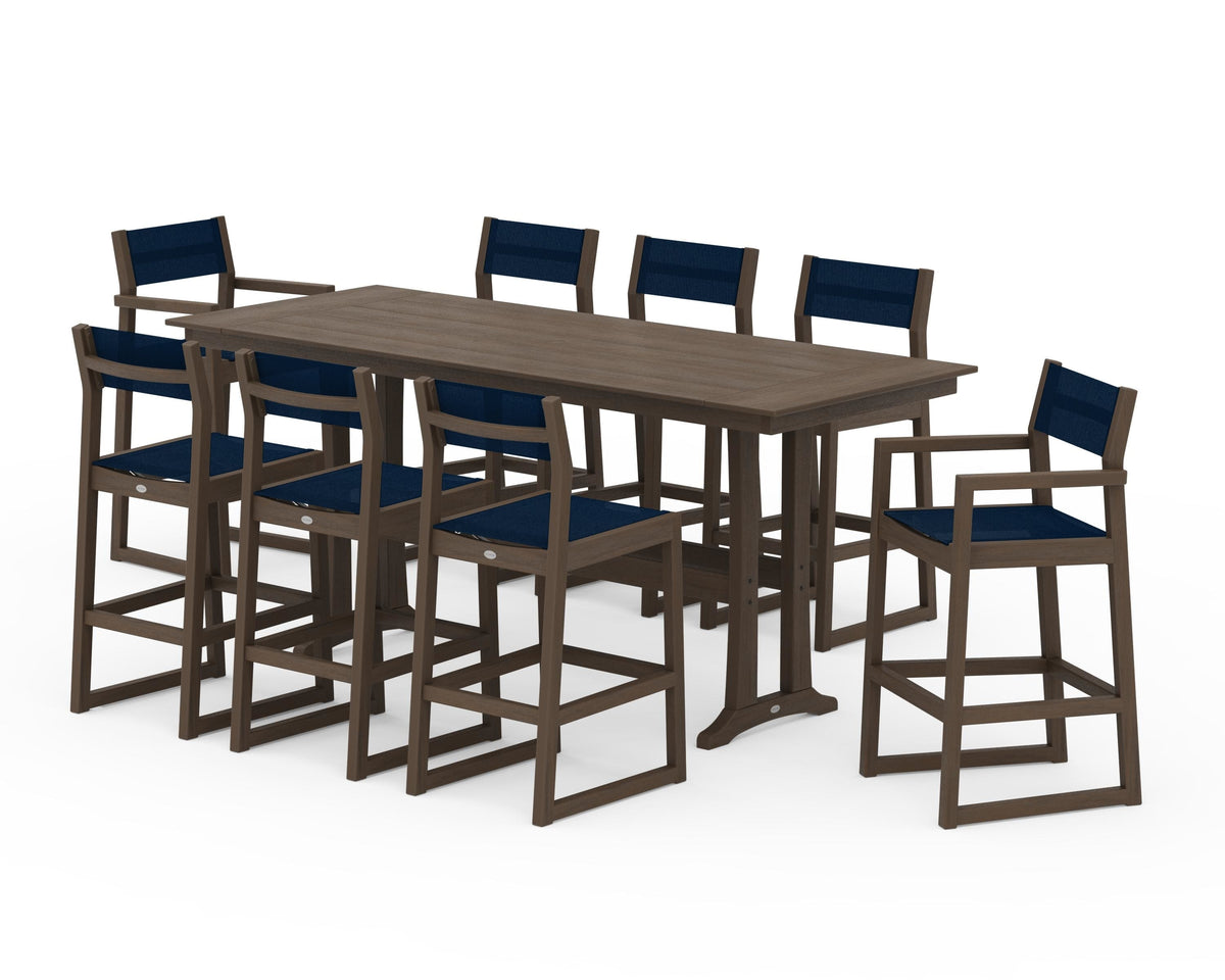 POLYWOOD EDGE Sling 9-Piece Farmhouse Bar Set with Trestle Legs in Kona / Navy Blue