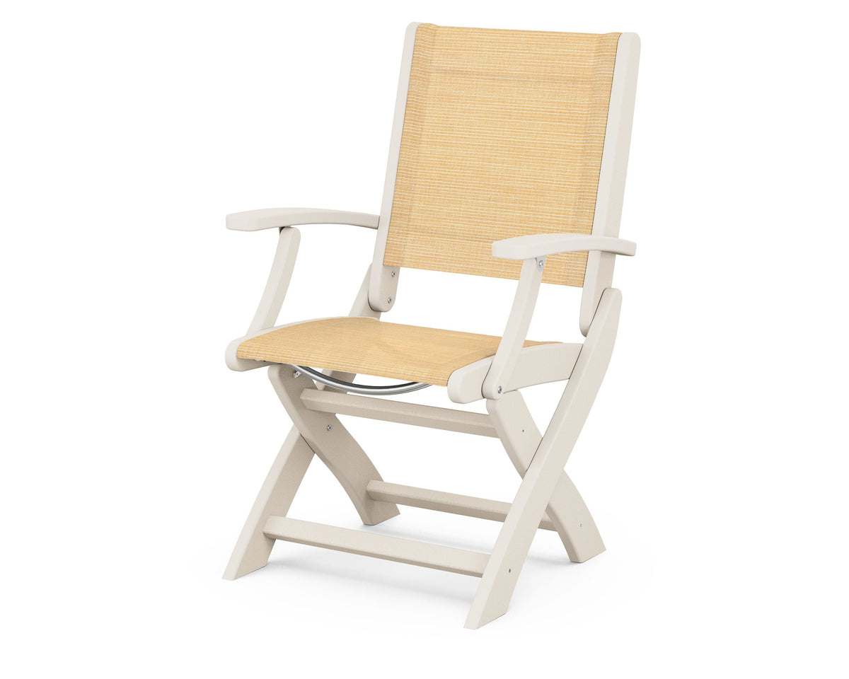 POLYWOOD Coastal Folding Chair in Sand with Sand arms and Dupioni Apricot sling