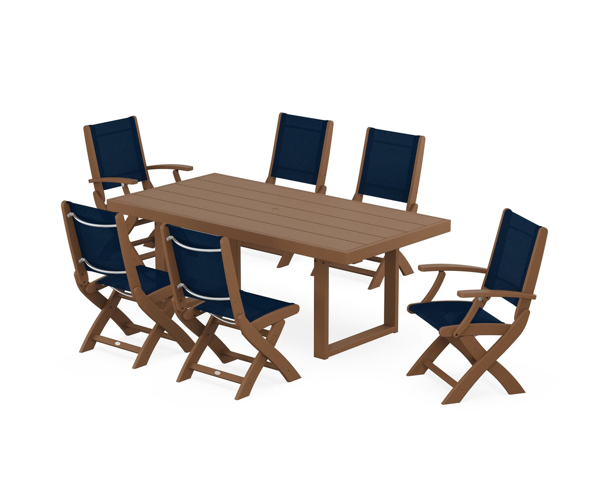 POLYWOOD Coastal Folding Chair 7-Piece Dining Set with Trestle Legs with EDGE 40" x 78" Dining Table in Teak / Navy Blue