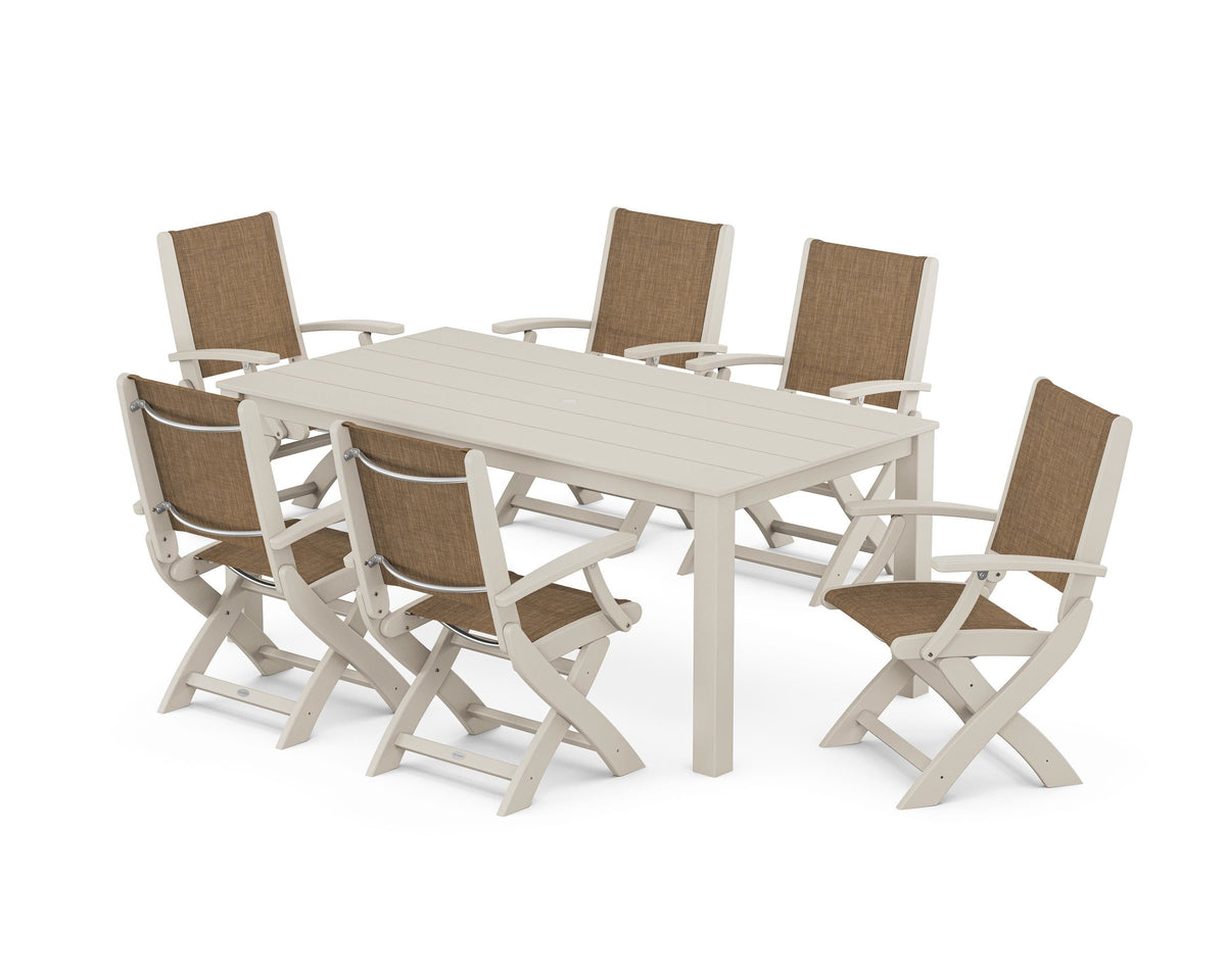 POLYWOOD Coastal Folding Chair 7-Piece Parsons Dining Set in Sand / Burlap