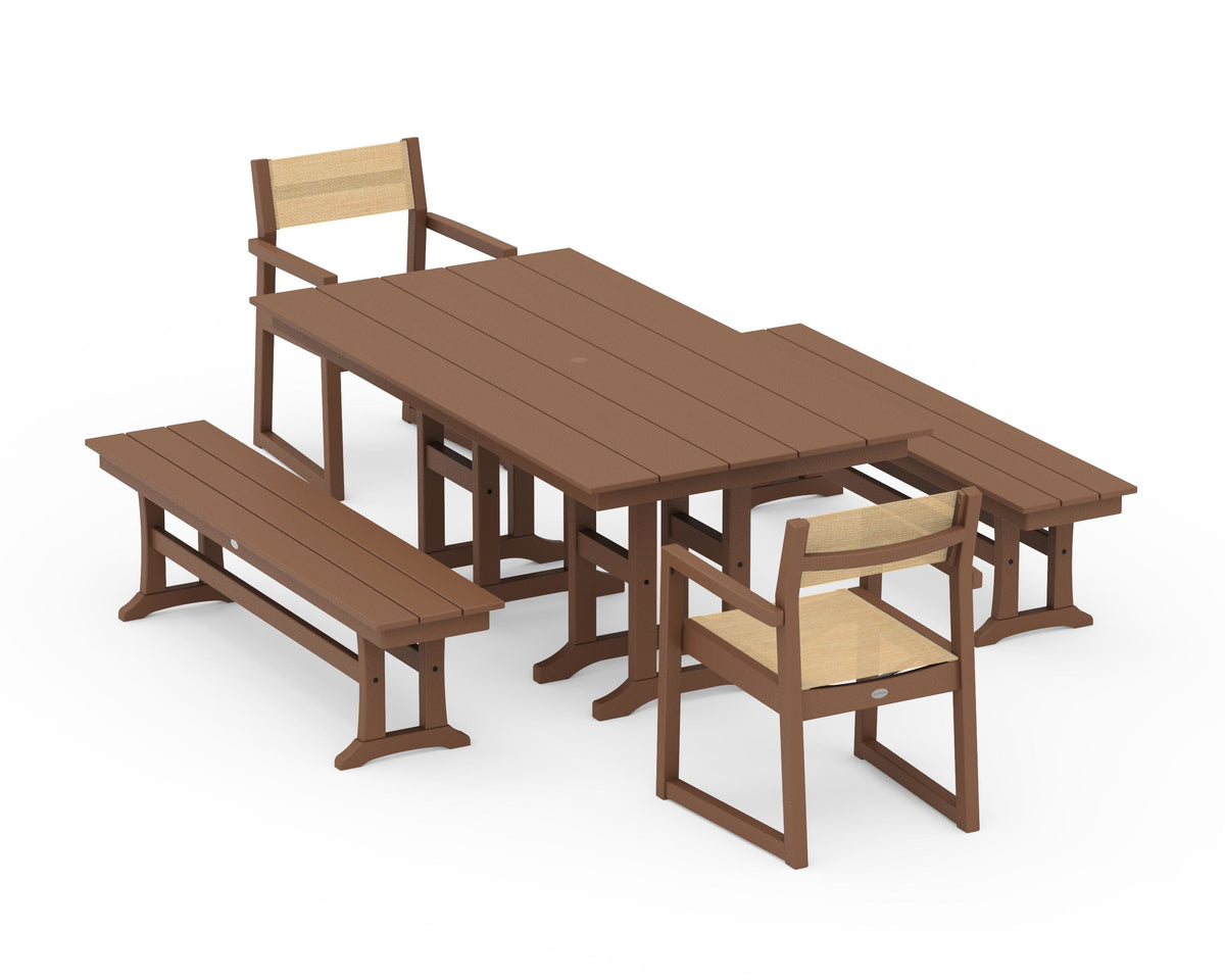 POLYWOOD EDGE Sling Arm Chair 5-Piece Farmhouse Dining Set with Benches in Teak / Dupioni Apricot