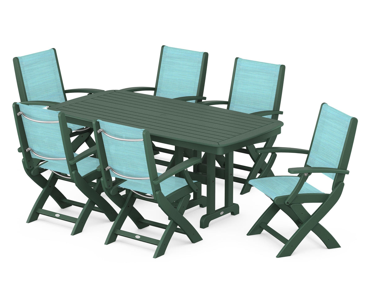 POLYWOOD Coastal Folding Arm Chair 7-Piece Dining Set in Green / Dupioni Aquamarine