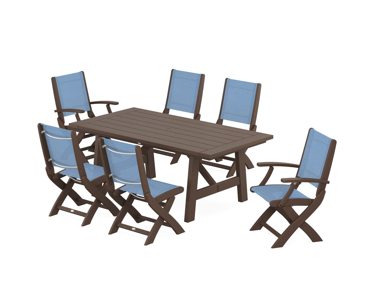 POLYWOOD Coastal Folding Chair 7-Piece Rustic Farmhouse Dining Set in Mahogany / Poolside
