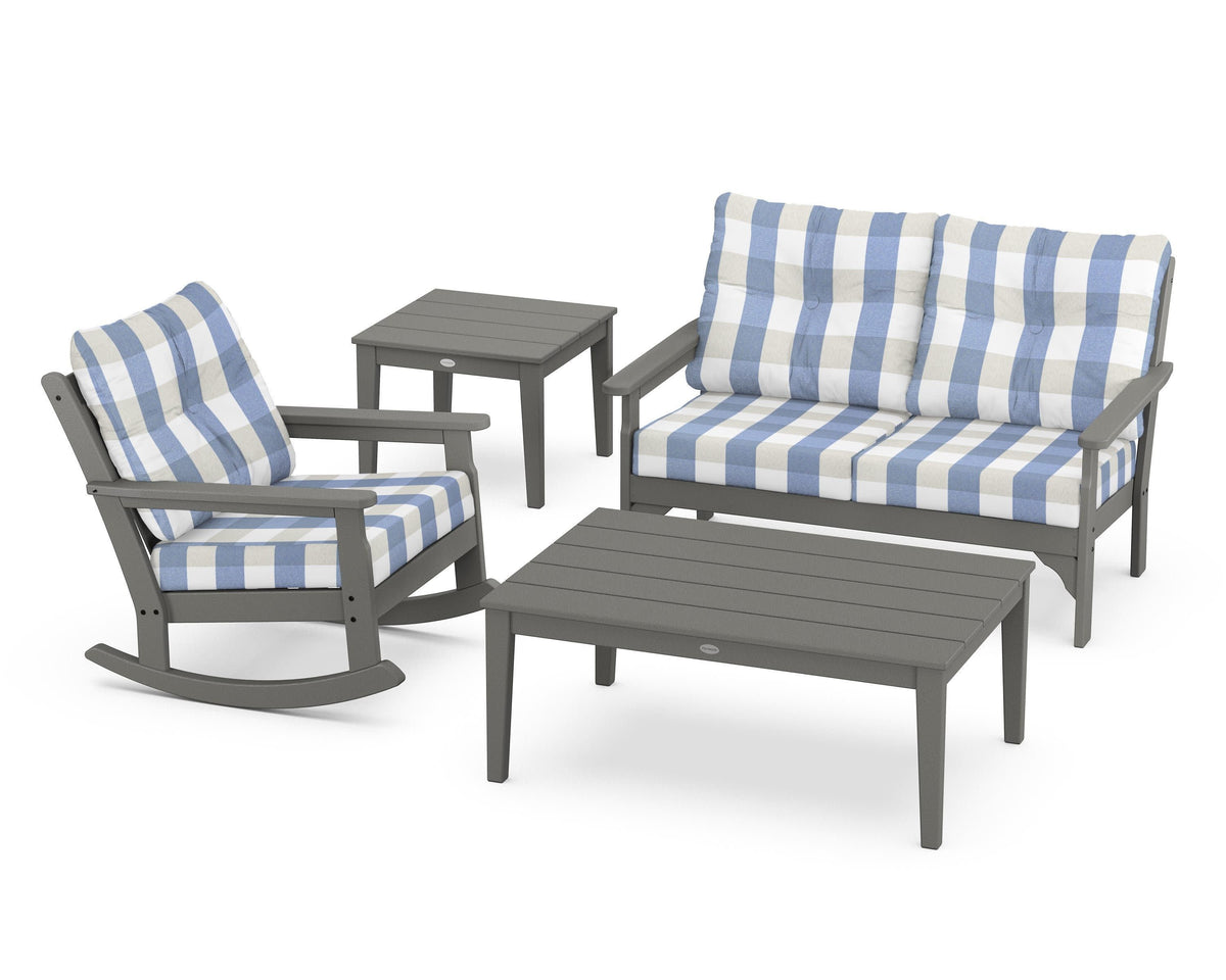 POLYWOOD Vineyard 4-Piece Deep Seating Rocker Set in Slate Grey / Buffalo Plaid Sky Blue