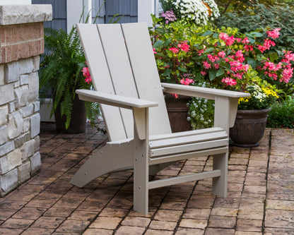 POLYWOOD Modern Curveback Adirondack 5-Piece Conversation Set with Fire Pit Table in Sand in an outdoor setting
