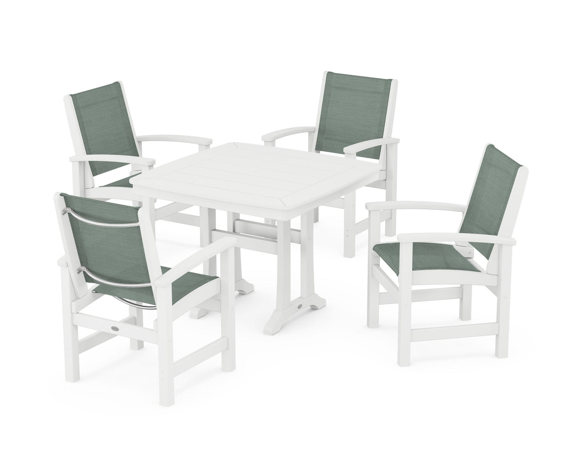 POLYWOOD Coastal 5-Piece Dining Set with Trestle Legs with Nautical Trestle 37" Dining Table in White / Dupioni Sea Mist