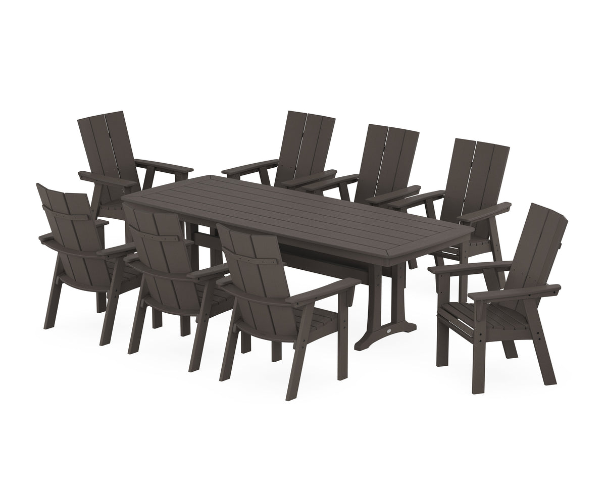 POLYWOOD Modern Curveback Adirondack 9-Piece Dining Set with Trestle Legs in Vintage Coffee