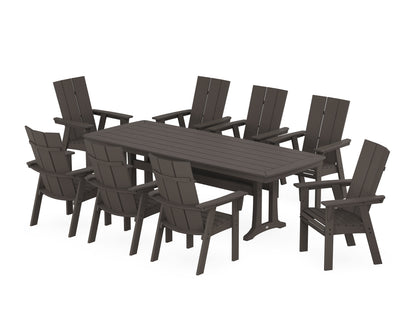 POLYWOOD Modern Curveback Adirondack 9-Piece Dining Set with Trestle Legs in Vintage Coffee