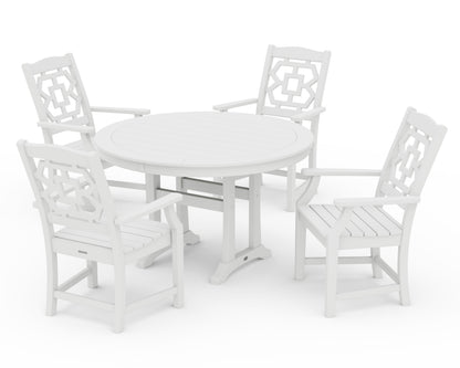 POLYWOOD Chinoiserie 5-Piece Round Dining Set with Trestle Legs in White