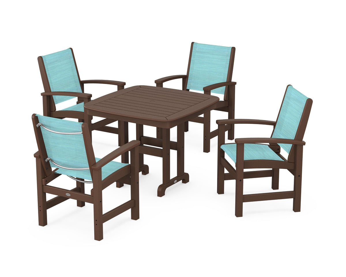 POLYWOOD Coastal 5-Piece Dining Set with Nautical 37" Dining Table in Mahogany / Dupioni Aquamarine