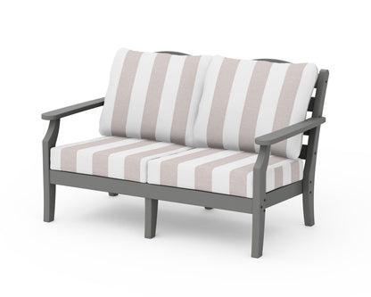 POLYWOOD Savannah Deep Seating Loveseat in Slate Grey / Cabana Stripe Dune Burlap
