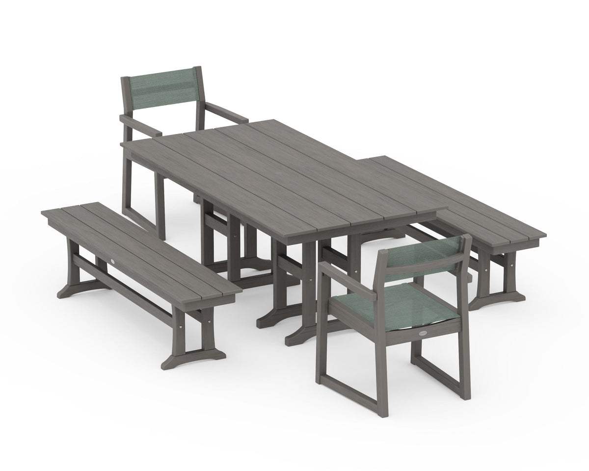 POLYWOOD EDGE Sling Arm Chair 5-Piece Farmhouse Dining Set with Benches in Driftwood / Dupioni Sea Mist