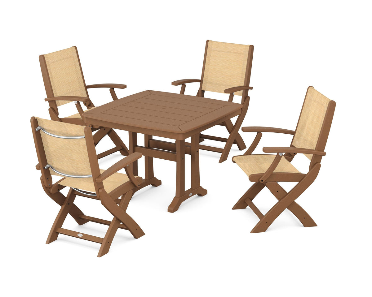 POLYWOOD Coastal Folding Chair 5-Piece Dining Set with Trestle Legs in Teak / Dupioni Apricot