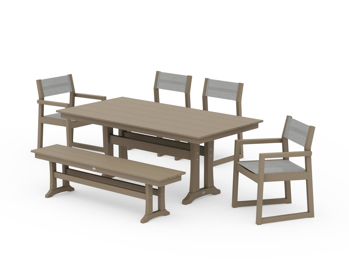 POLYWOOD EDGE Sling 6-Piece Farmhouse Dining Set With Trestle Legs in Vintage Sahara / Metallic