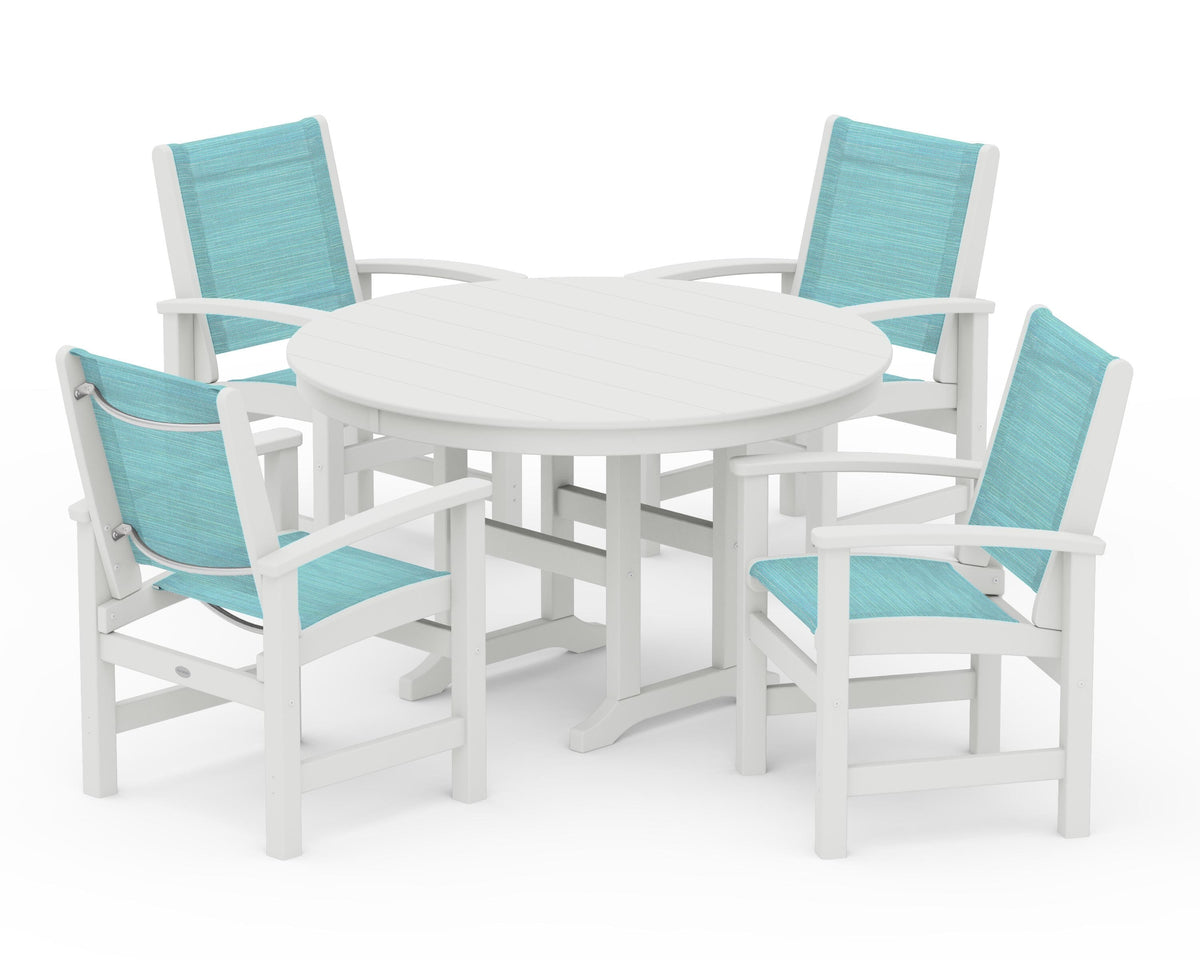 POLYWOOD Coastal 5-Piece Round Farmhouse Dining Set in Vintage White / Dupioni Aquamarine