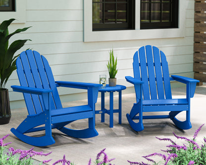 POLYWOOD Vineyard 3-Piece Adirondack Rocking Chair Set with 18" Round Table in Pacific Blue in an outdoor setting