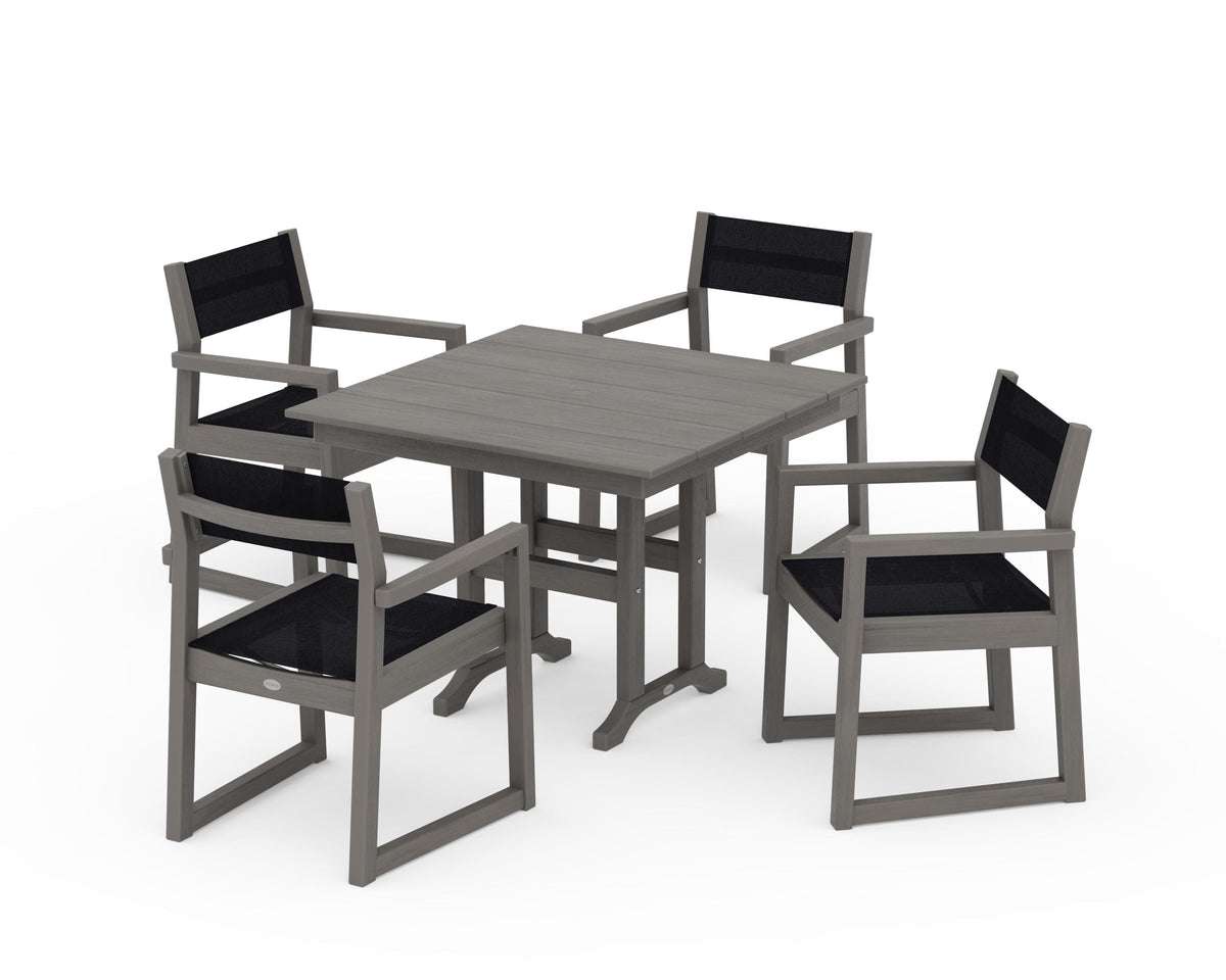 POLYWOOD EDGE Sling Arm Chair 5-Piece Farmhouse Dining Set in Driftwood / Black