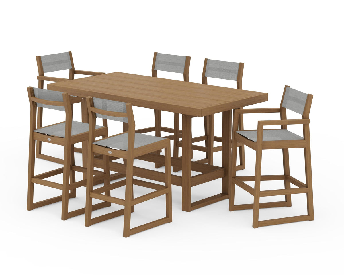 POLYWOOD EDGE Sling 7-Piece Bar Table Set in Natural / Metallic
