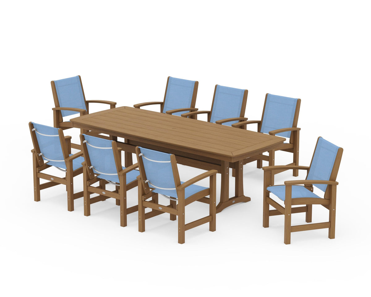 POLYWOOD Coastal 9-Piece Dining Set with Trestle Legs in Natural / Poolside