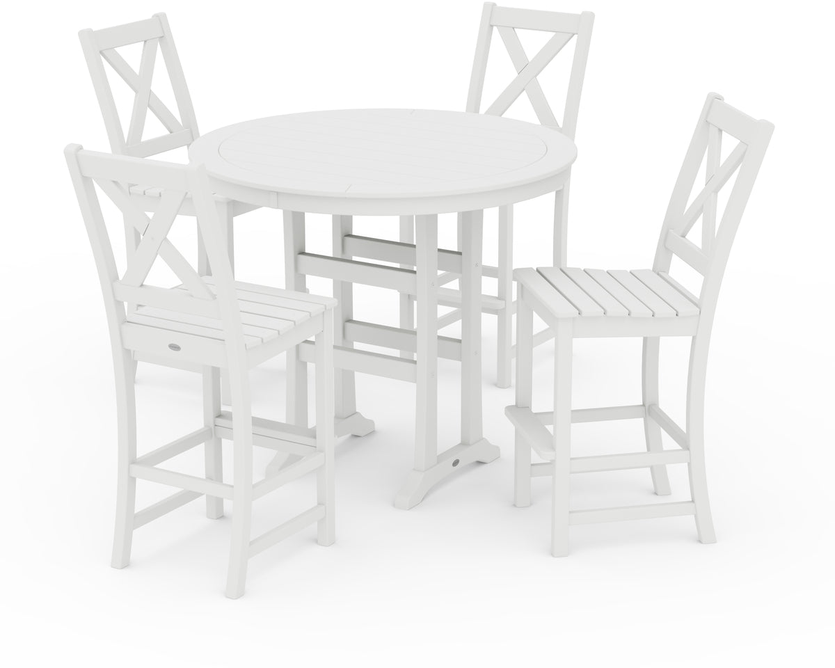 POLYWOOD Braxton 5-Piece Nautical Trestle Arm Chair Bar Set in White
