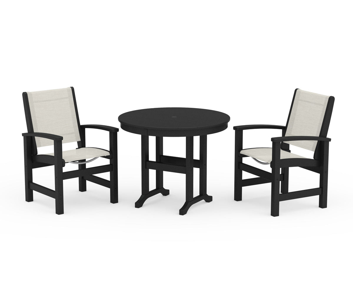 POLYWOOD Coastal 3-Piece Round Dining Set in Black / Parchment