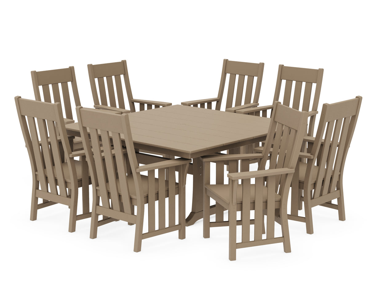 POLYWOOD Acadia 9-Piece Square Farmhouse Dining Set with Trestle Legs in Vintage Sahara
