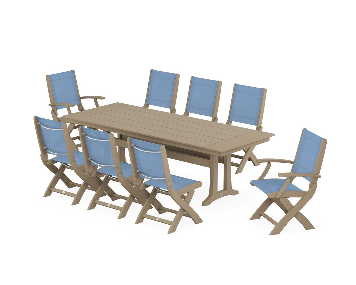POLYWOOD Coastal 9-Piece Folding Dining Chair Farmhouse Dining Set with Trestle Legs in Vintage Sahara / Poolside