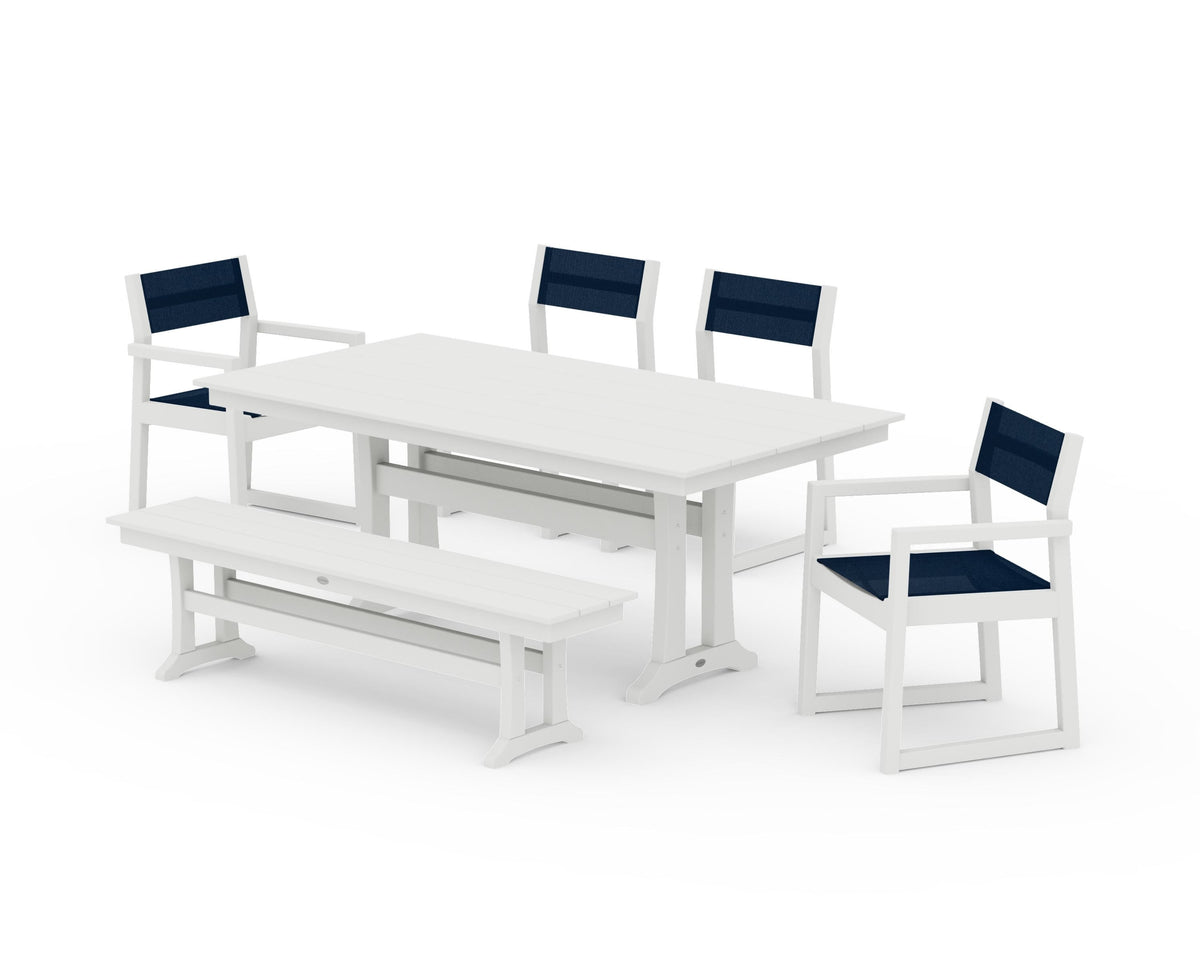 POLYWOOD EDGE Sling 6-Piece Farmhouse Dining Set With Trestle Legs in Vintage White / Navy Blue