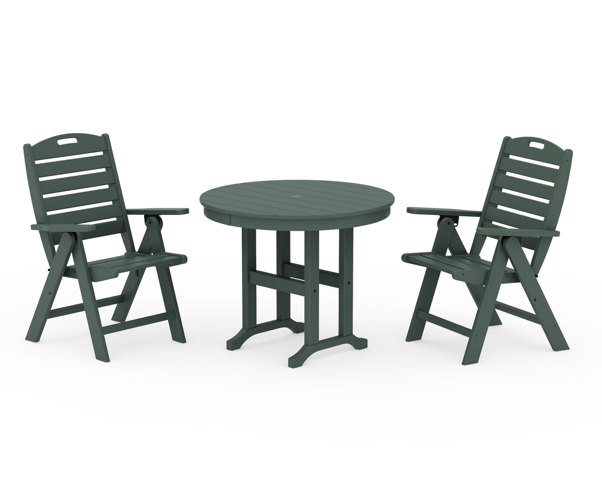 POLYWOOD Nautical Folding Highback Chair 3-Piece Round Dining Set in Green
