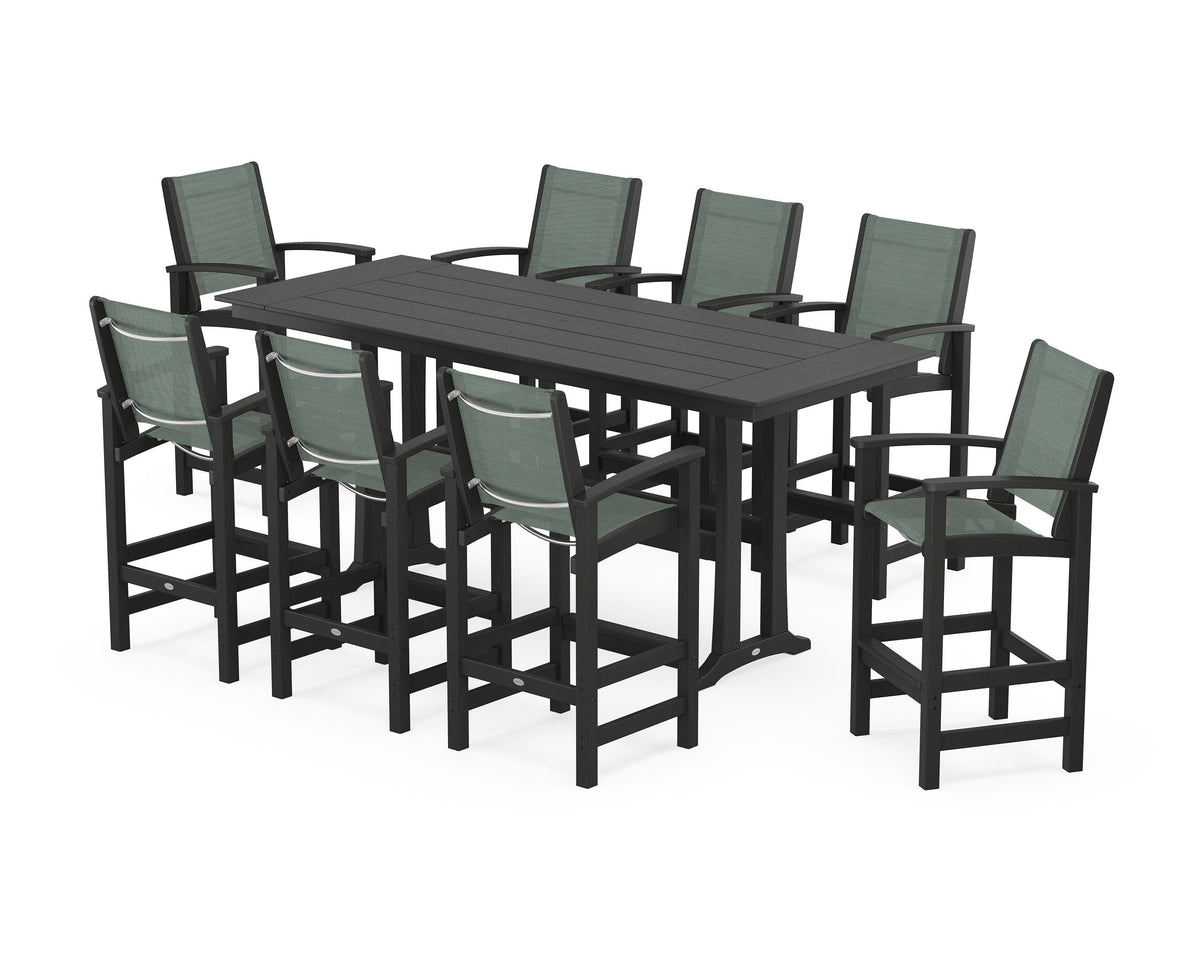 POLYWOOD Coastal 9-Piece Farmhouse Bar Set with Trestle Legs in Black / Dupioni Sea Mist