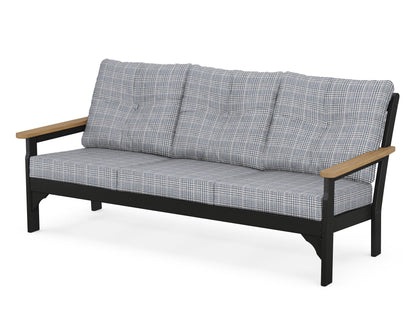 POLYWOOD Vineyard Deep Seating Sofa in Black / Natural / Houndstooth Sky Blue